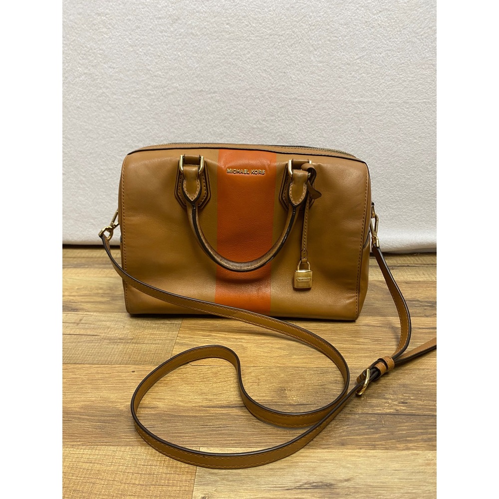 Michael Kors Leather Satchel Orange Stripe Shoulder Bag Top Handle Lock